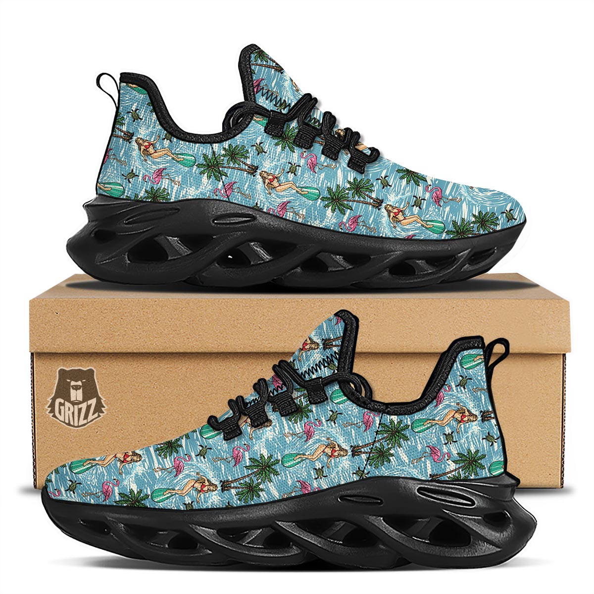 Wave Surfing Print Pattern Black Running Shoes-grizzshop