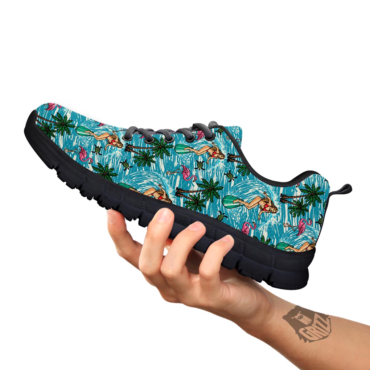 Wave Surfing Print Pattern Black Sneaker-grizzshop