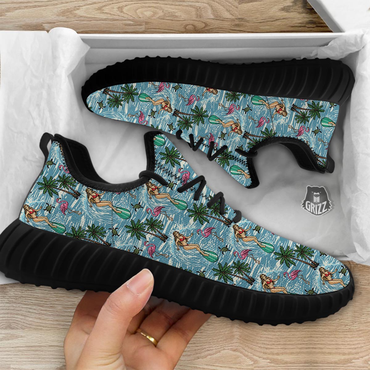 Wave Surfing Print Pattern Black Walking Shoes-grizzshop