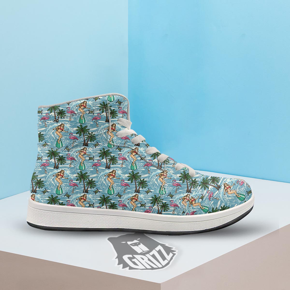 Wave Surfing Print Pattern High Top Sneakers-grizzshop