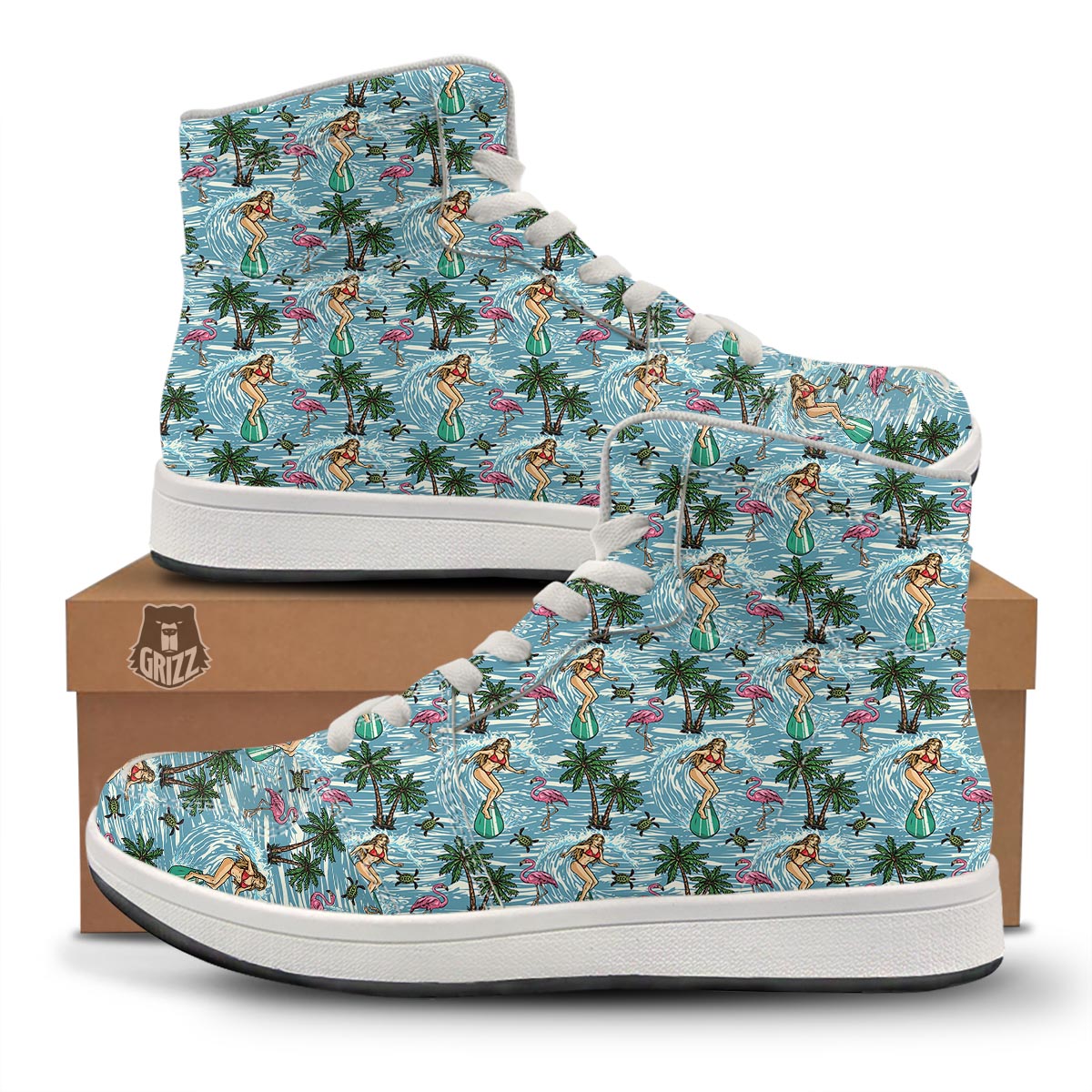 Wave Surfing Print Pattern High Top Sneakers-grizzshop