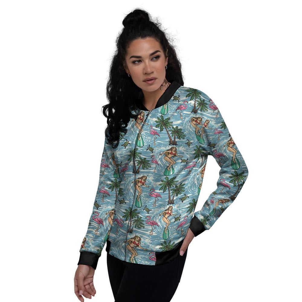 Wave Surfing Print Pattern Women's Bomber Jacket-grizzshop