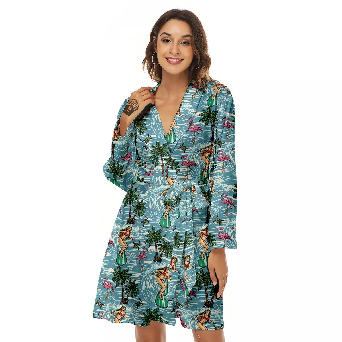 Wave Surfing Print Pattern Women's Robe-grizzshop