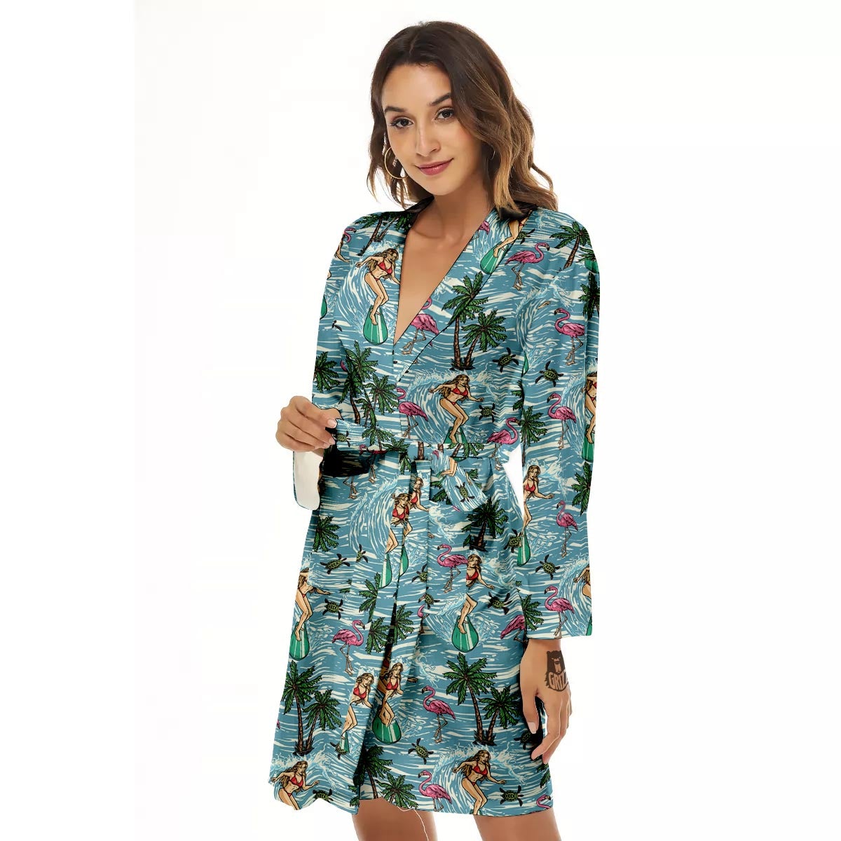 Wave Surfing Print Pattern Women's Robe-grizzshop