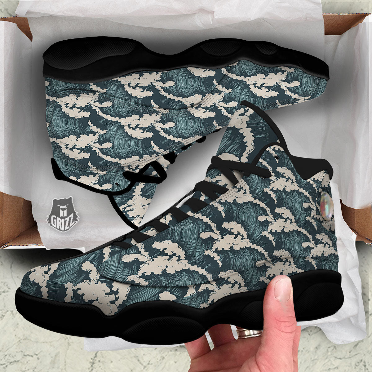 Wave Water Print Pattern Black Basketball Shoes-grizzshop