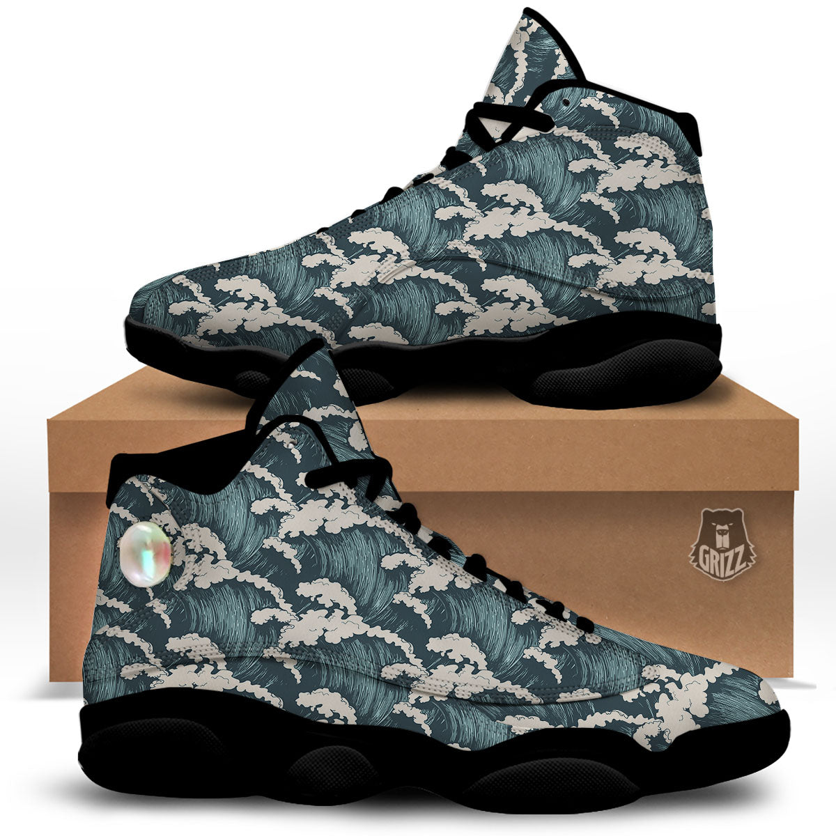 Wave Water Print Pattern Black Basketball Shoes-grizzshop