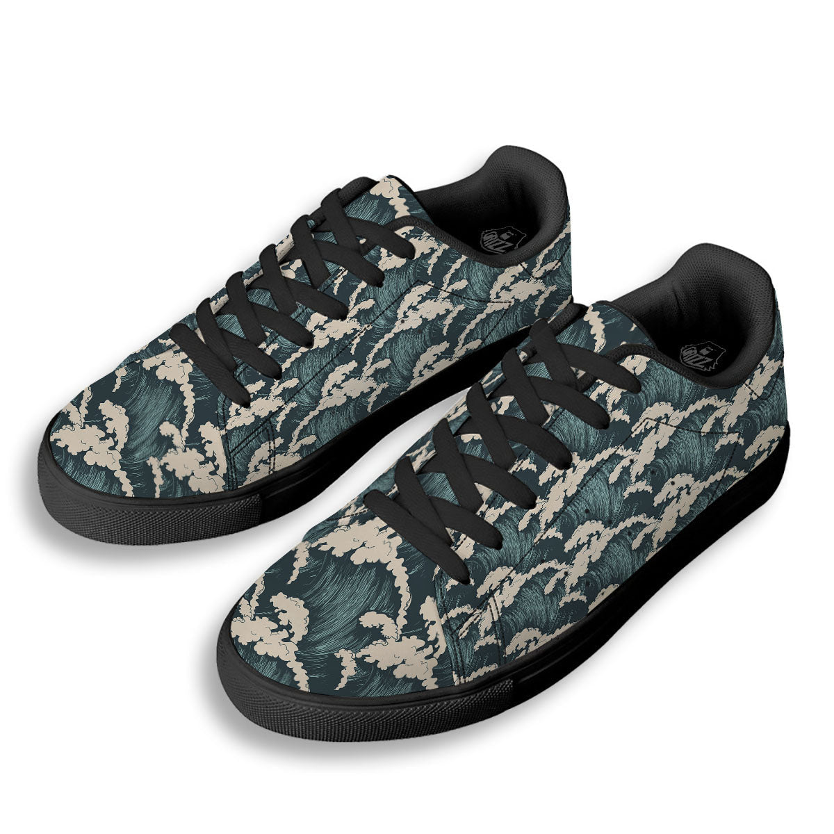 Wave Water Print Pattern Black Low Top Sneakers-grizzshop