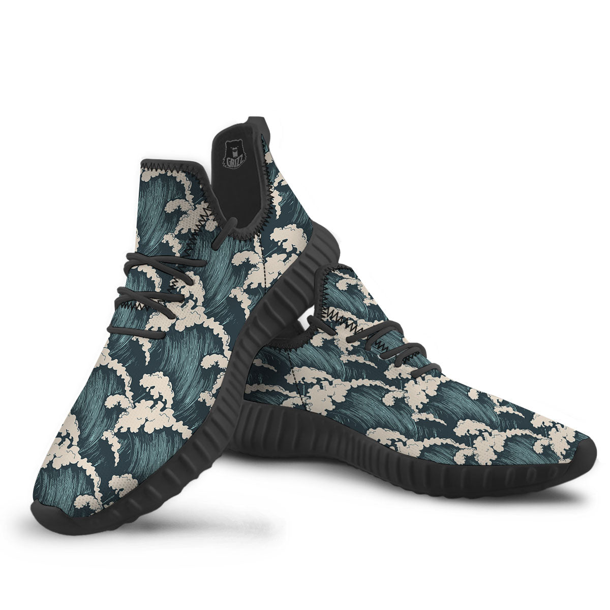 Wave Water Print Pattern Black Walking Shoes-grizzshop
