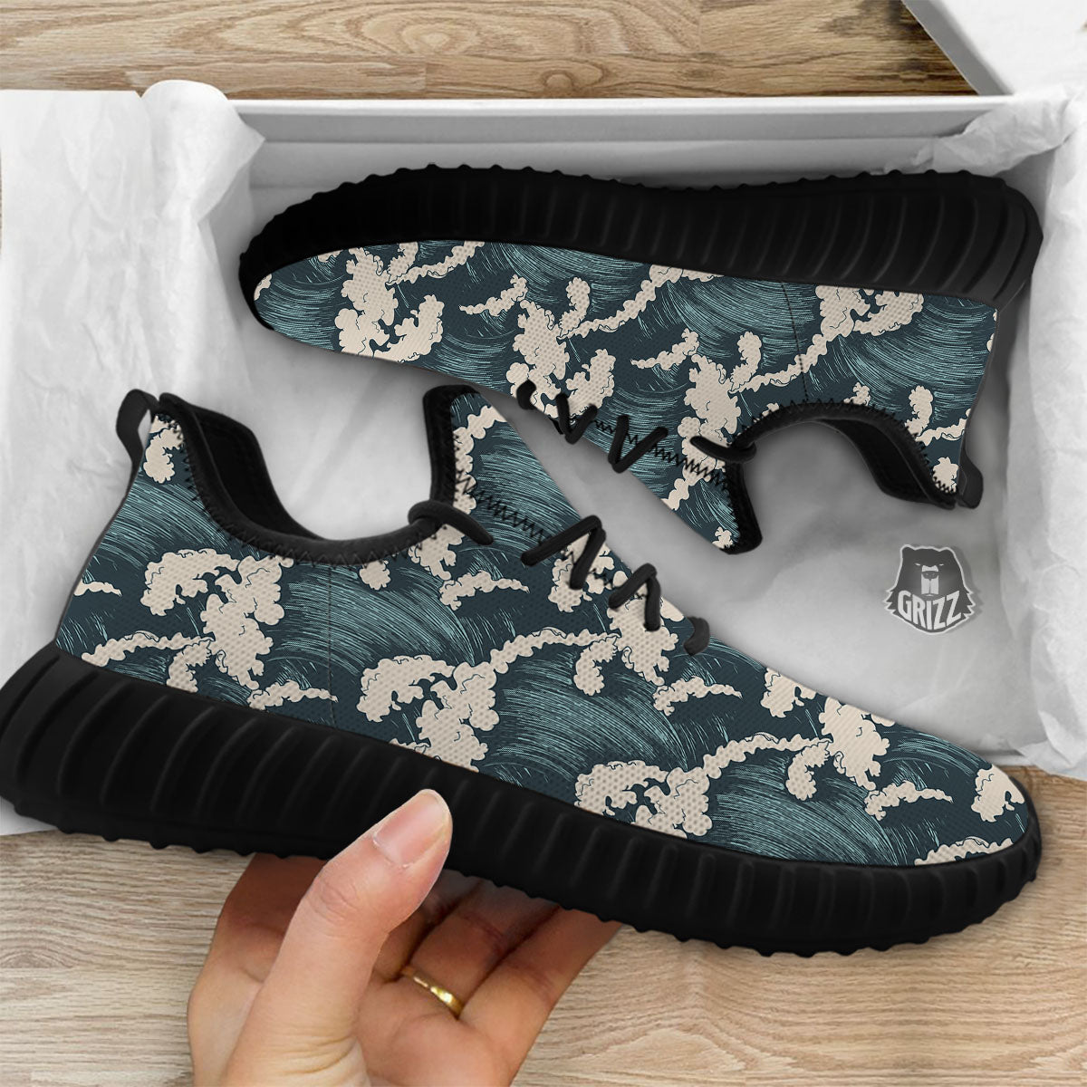Wave Water Print Pattern Black Walking Shoes-grizzshop
