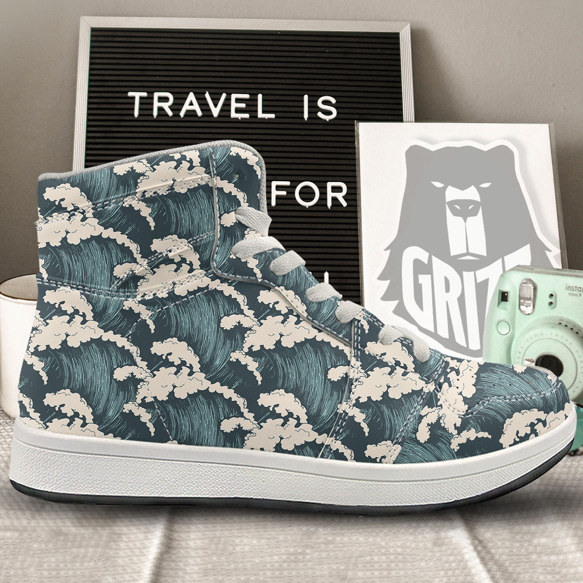 Wave Water Print Pattern High Top Sneakers-grizzshop