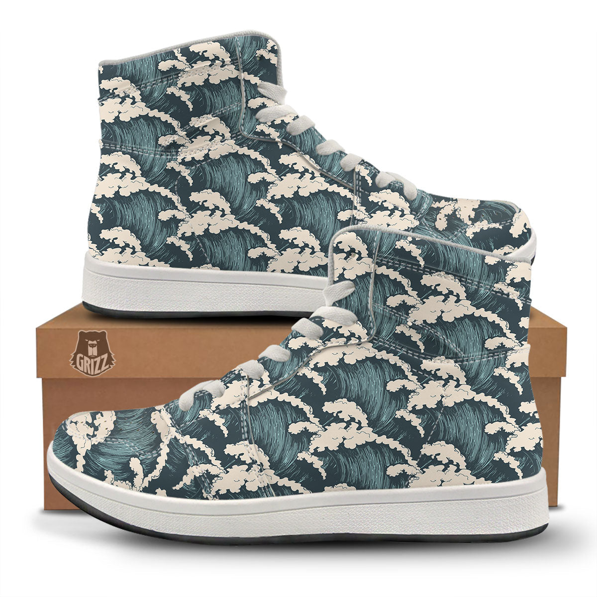 Wave Water Print Pattern High Top Sneakers-grizzshop