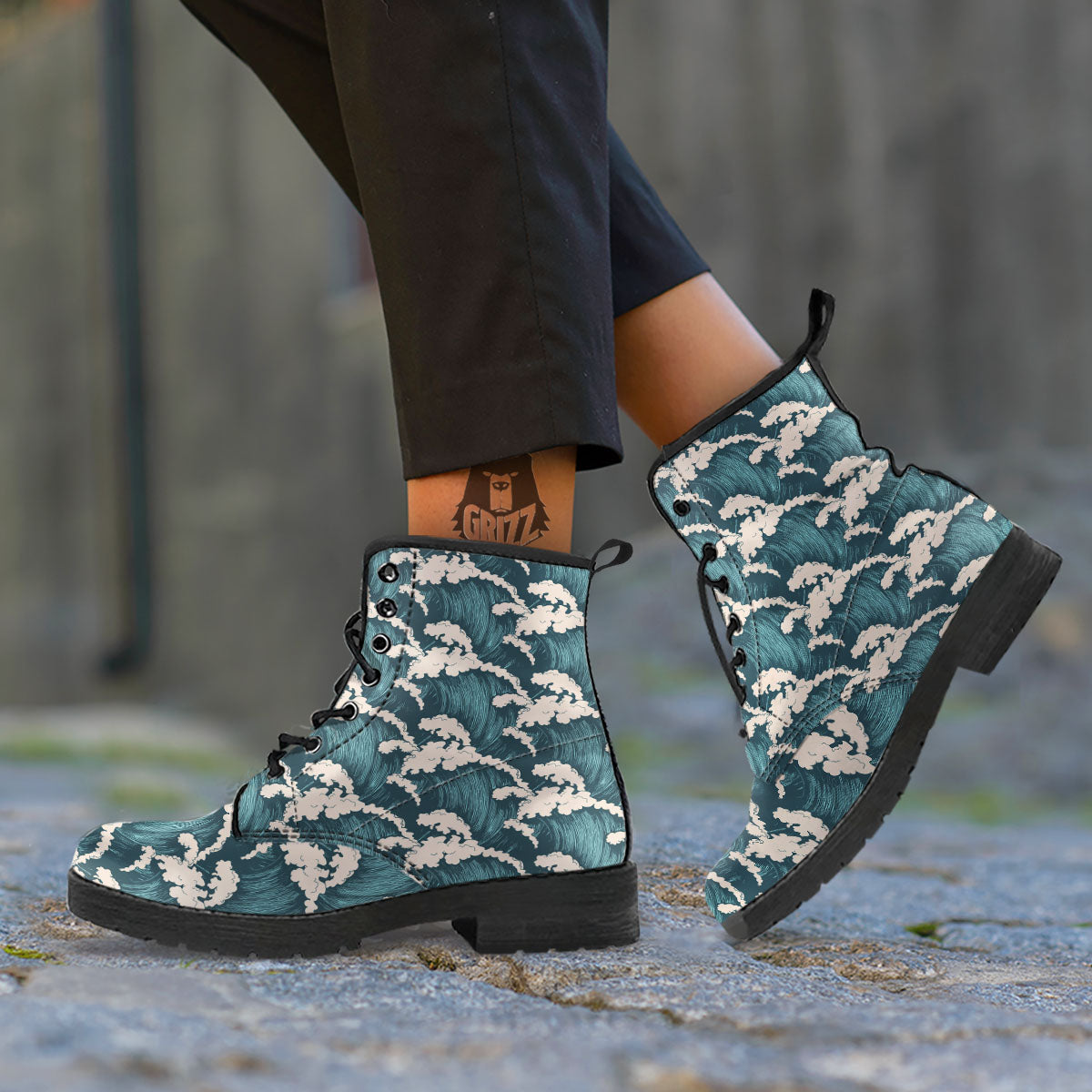 Wave Water Print Pattern Leather Boots-grizzshop