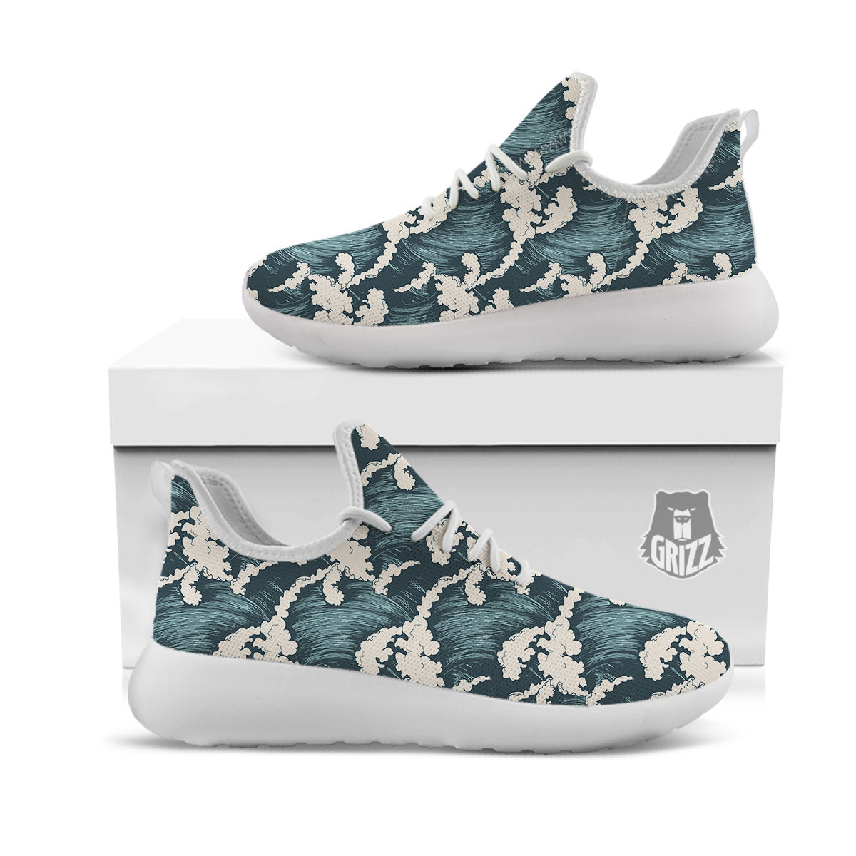 Wave Water Print Pattern White Athletic Shoes-grizzshop