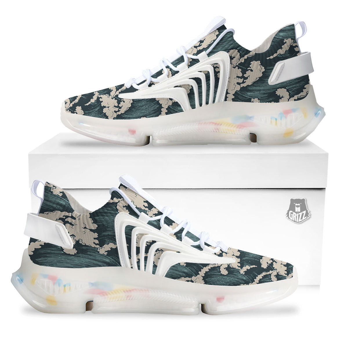 Wave Water Print Pattern White Gym Shoes-grizzshop