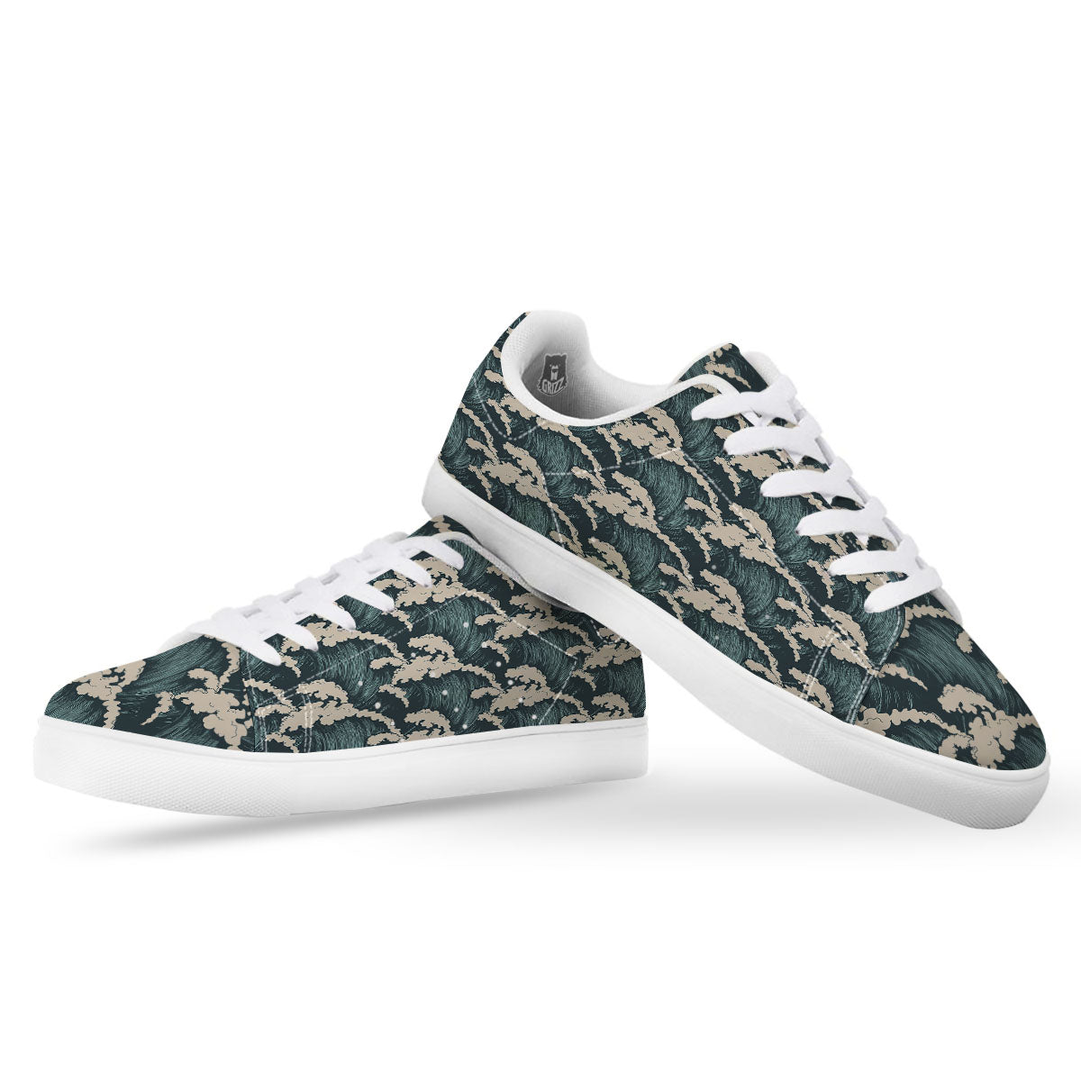 Wave Water Print Pattern White Low Top Sneakers-grizzshop