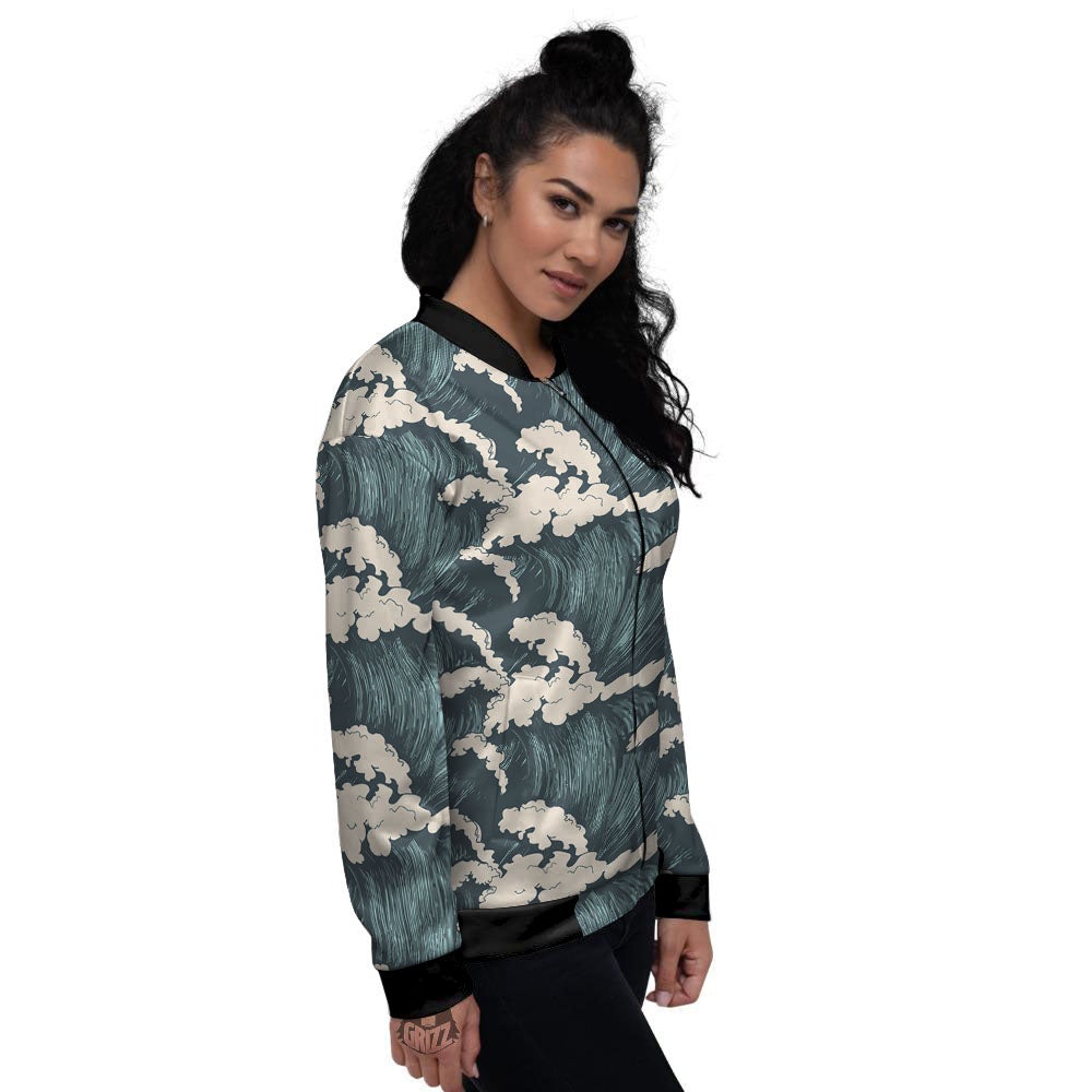 Wave Water Print Pattern Women's Bomber Jacket-grizzshop