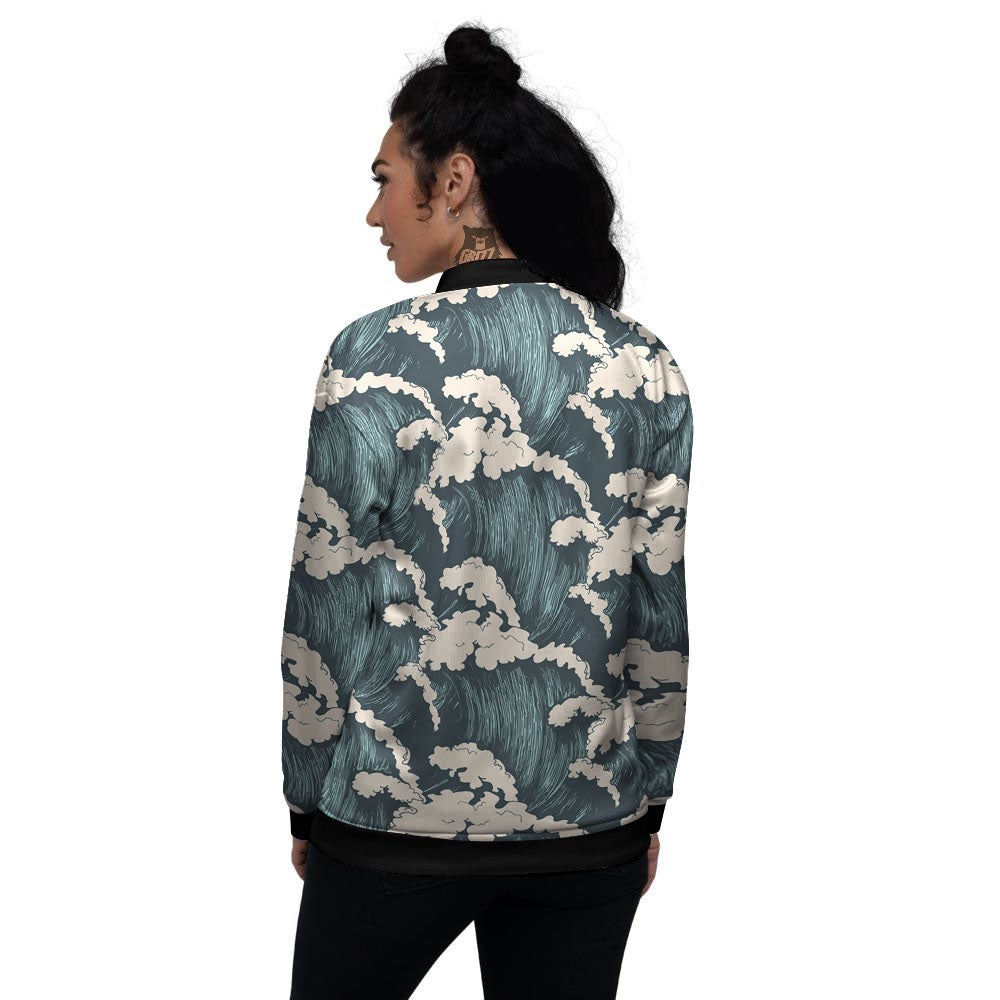 Wave Water Print Pattern Women's Bomber Jacket-grizzshop