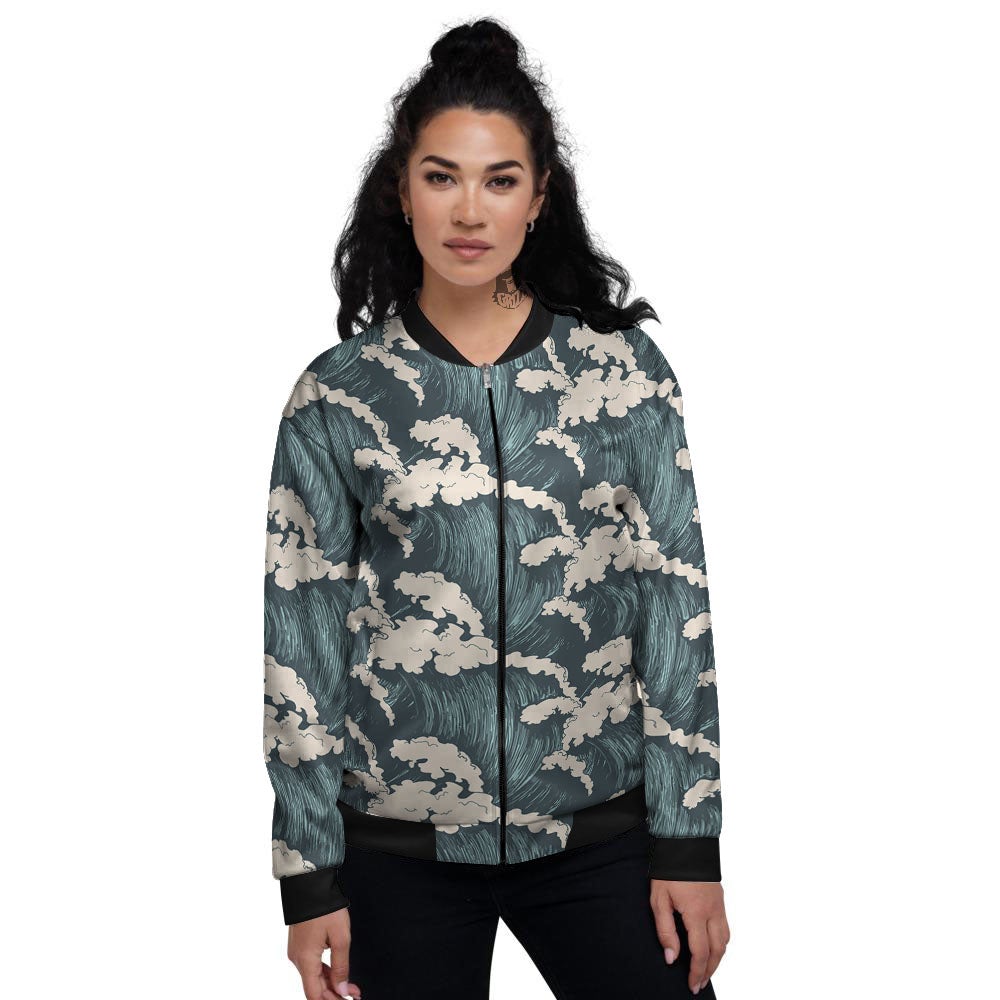 Wave Water Print Pattern Women's Bomber Jacket-grizzshop