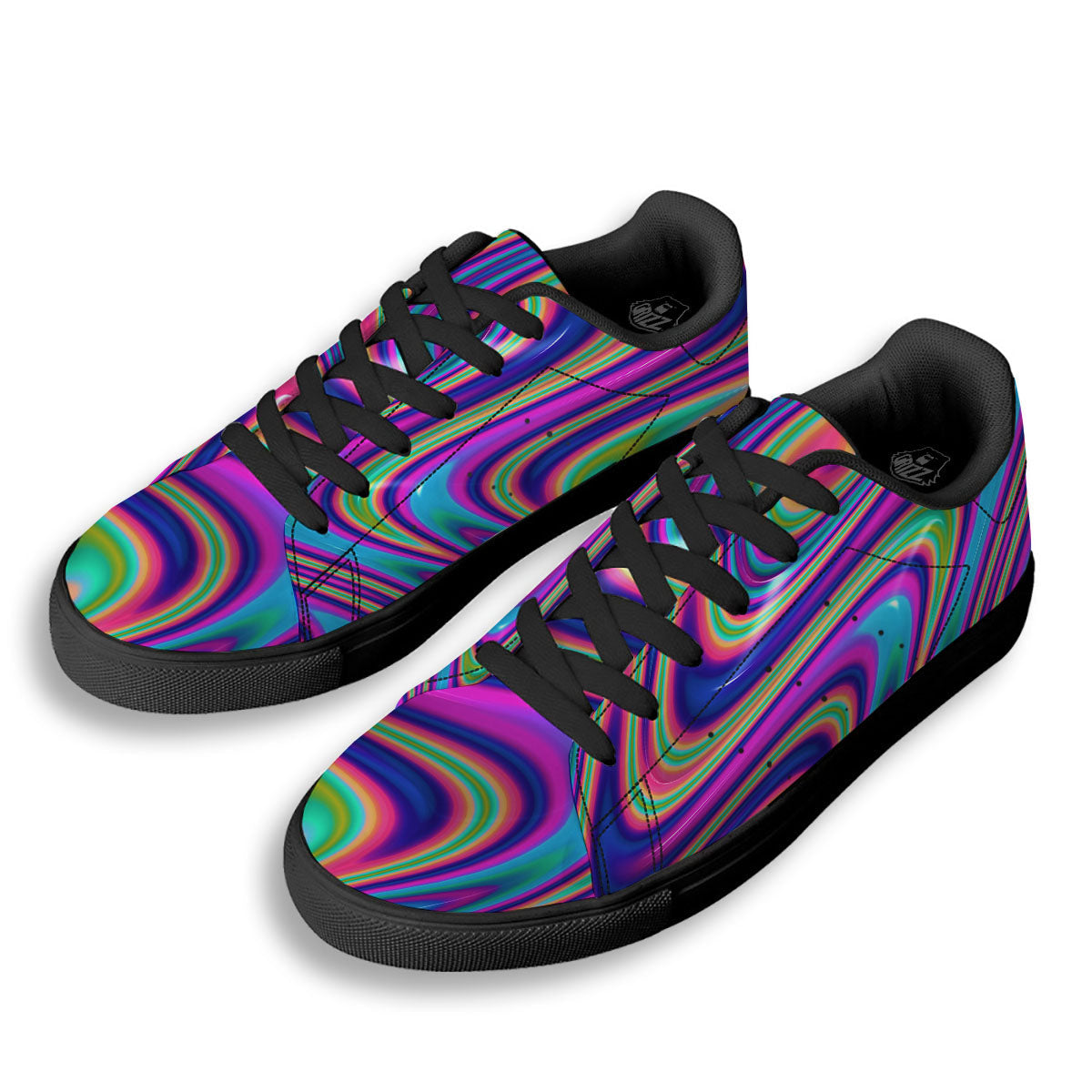 Waves Holographic Print Black Low Top Sneakers-grizzshop