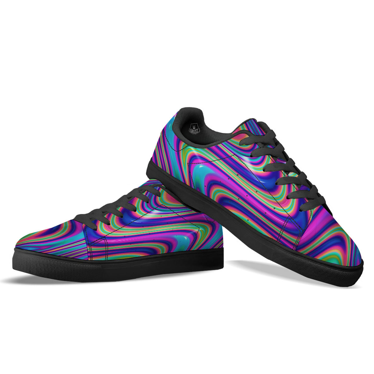 Waves Holographic Print Black Low Top Sneakers-grizzshop