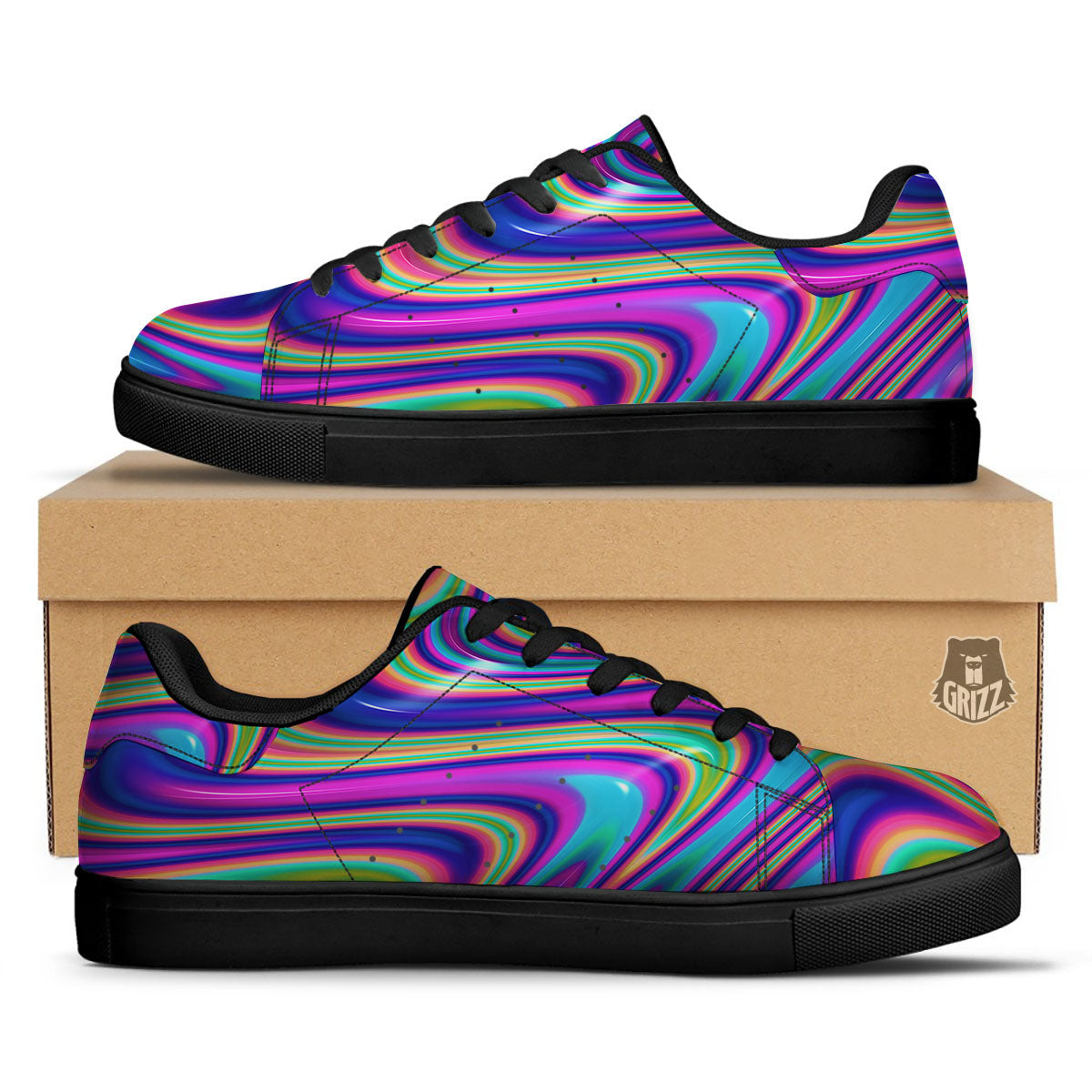 Waves Holographic Print Black Low Top Sneakers-grizzshop