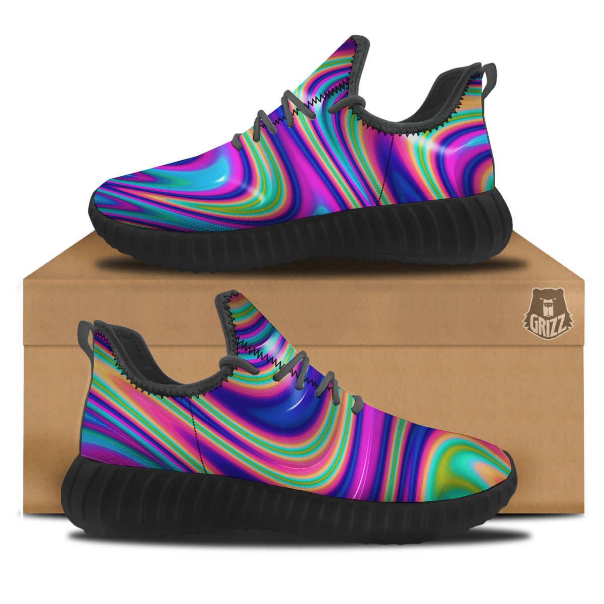 Waves Holographic Print Black Walking Shoes-grizzshop