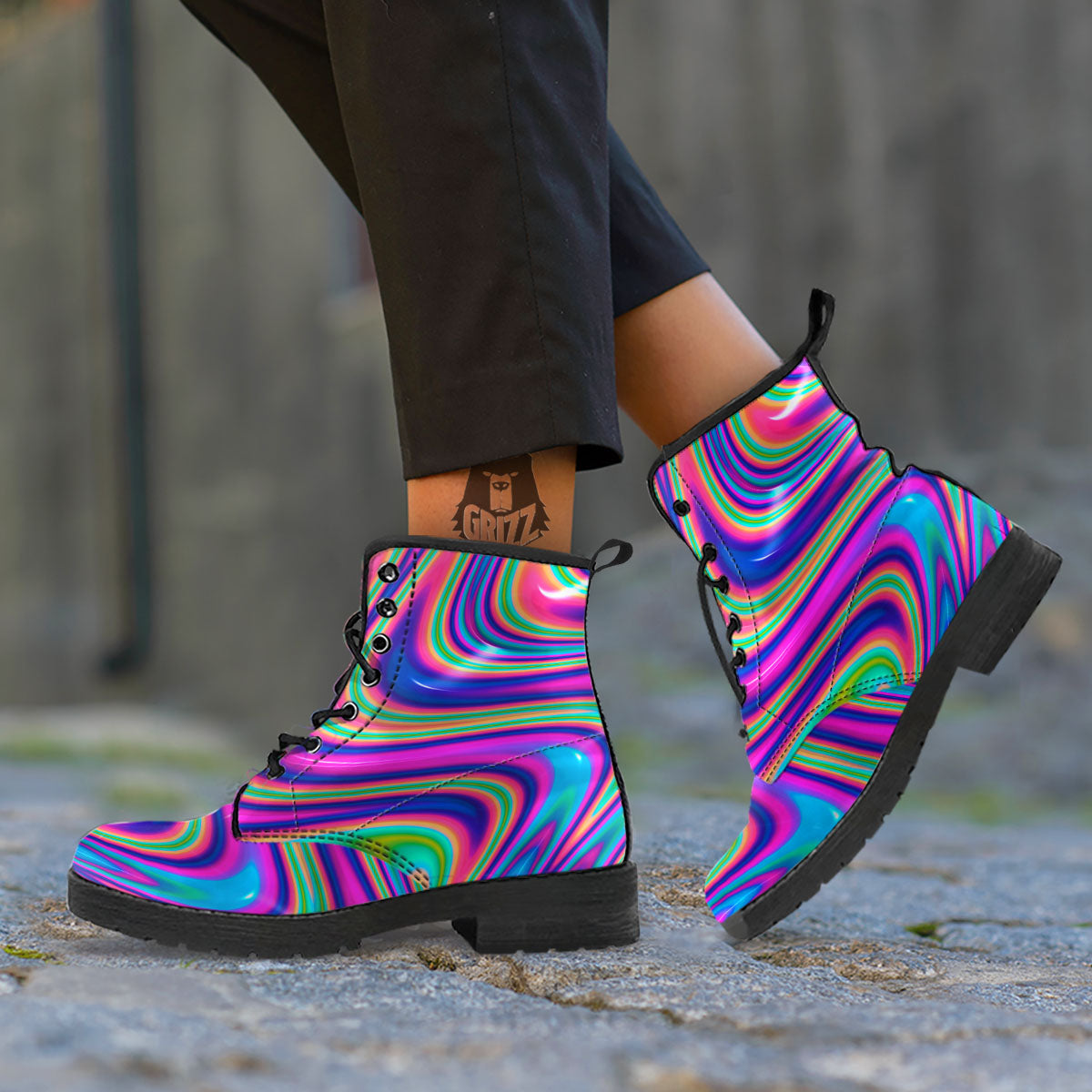 Waves Holographic Print Leather Boots-grizzshop