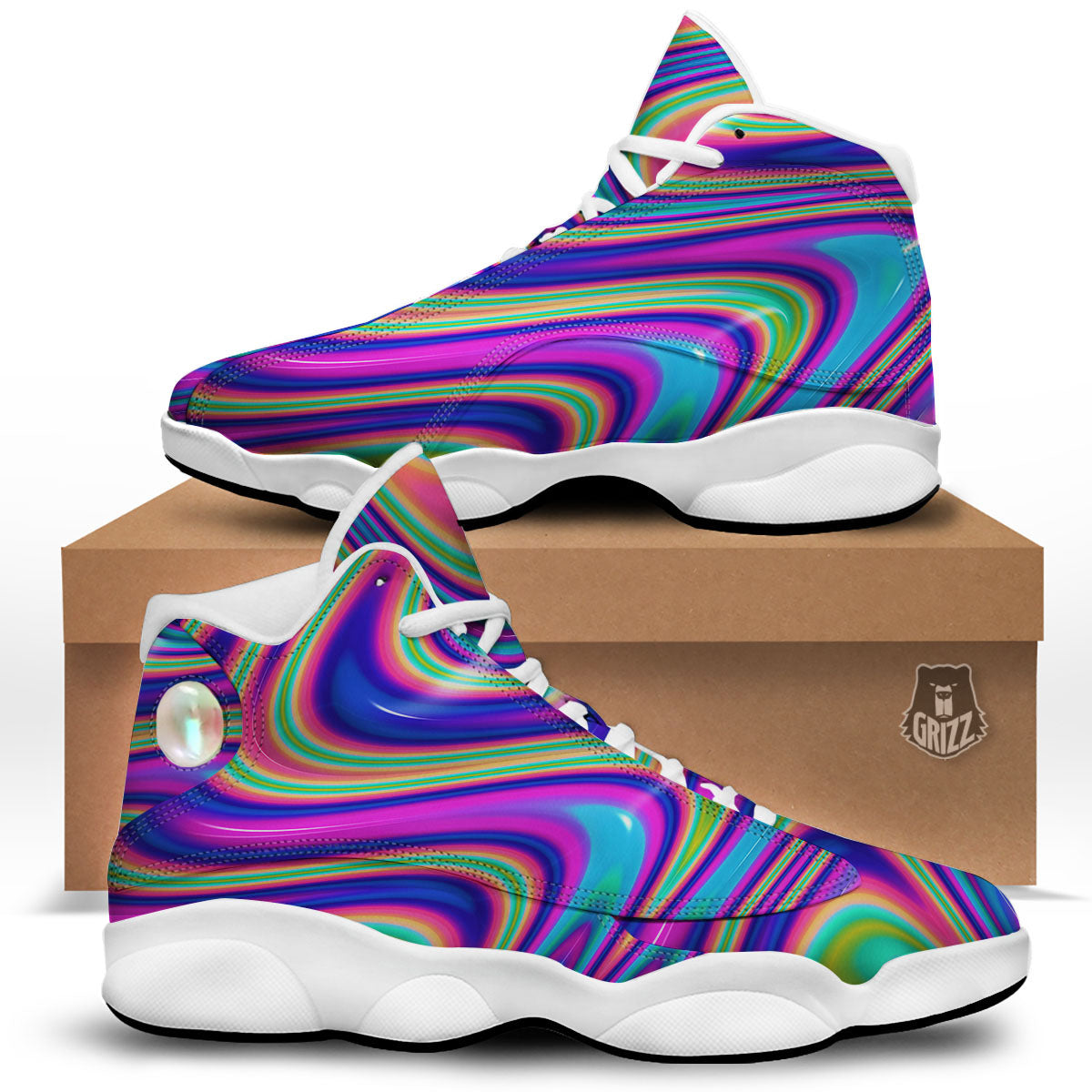 Waves Holographic Print White Basketball Shoes-grizzshop