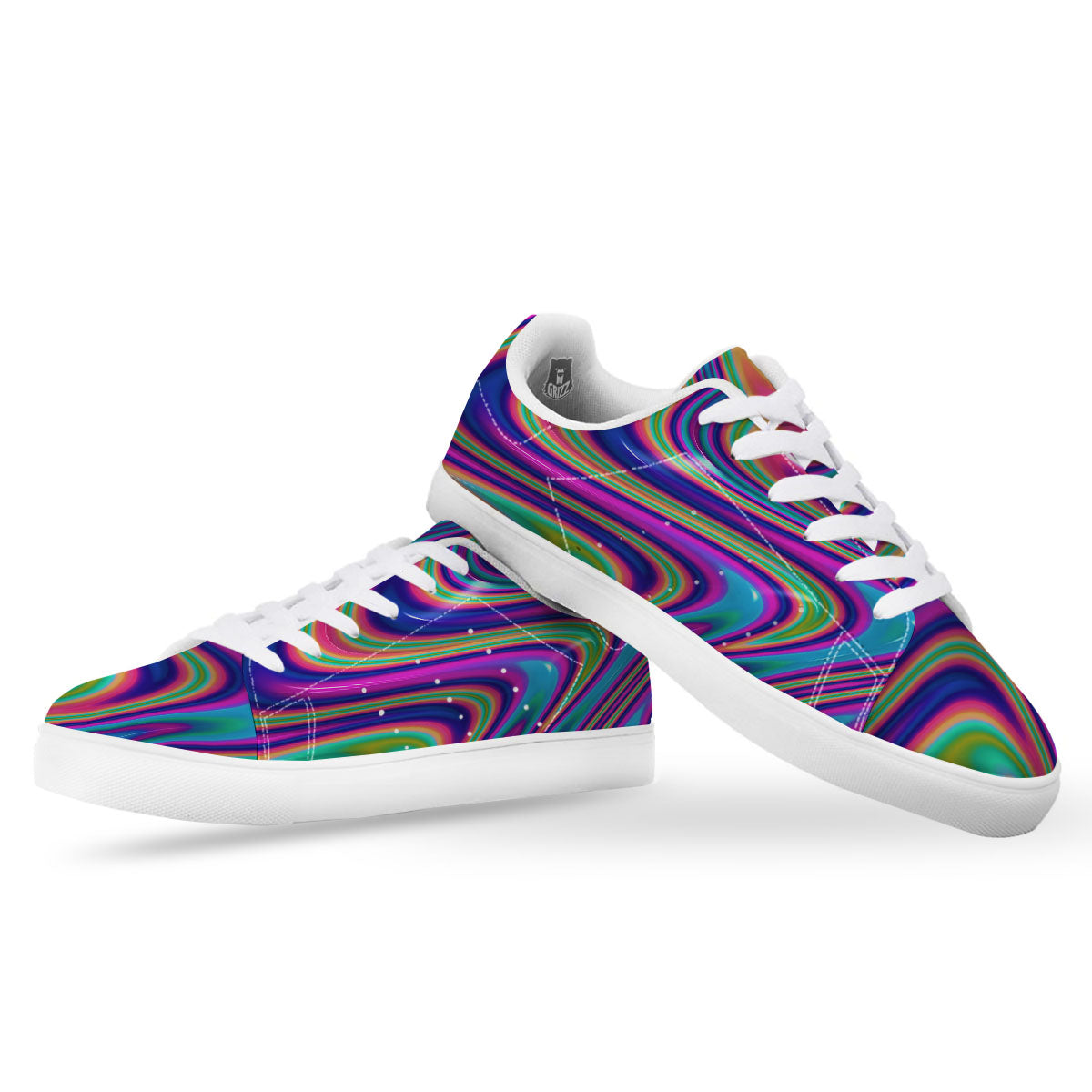 Waves Holographic Print White Low Top Sneakers-grizzshop
