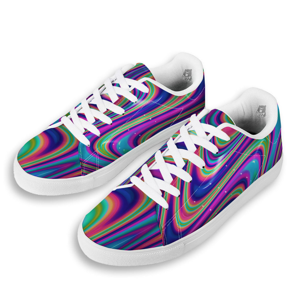 Waves Holographic Print White Low Top Sneakers-grizzshop