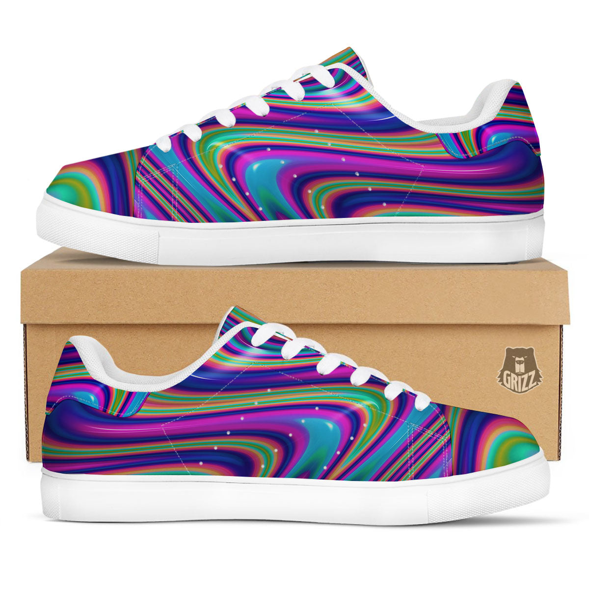 Waves Holographic Print White Low Top Sneakers-grizzshop