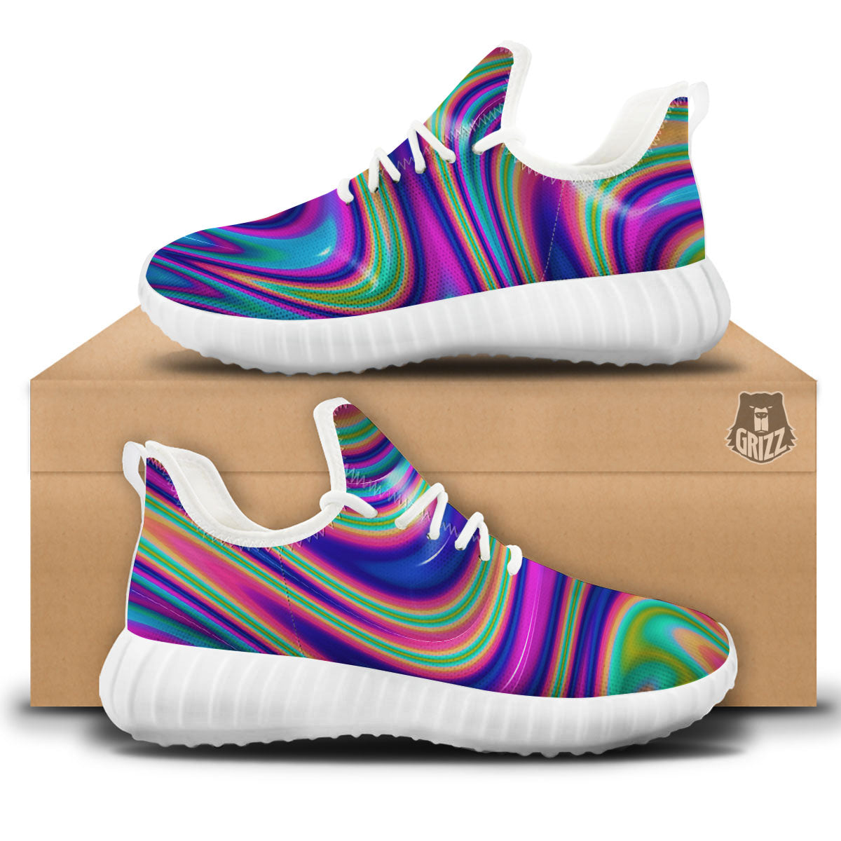 Waves Holographic Print White Walking Shoes-grizzshop