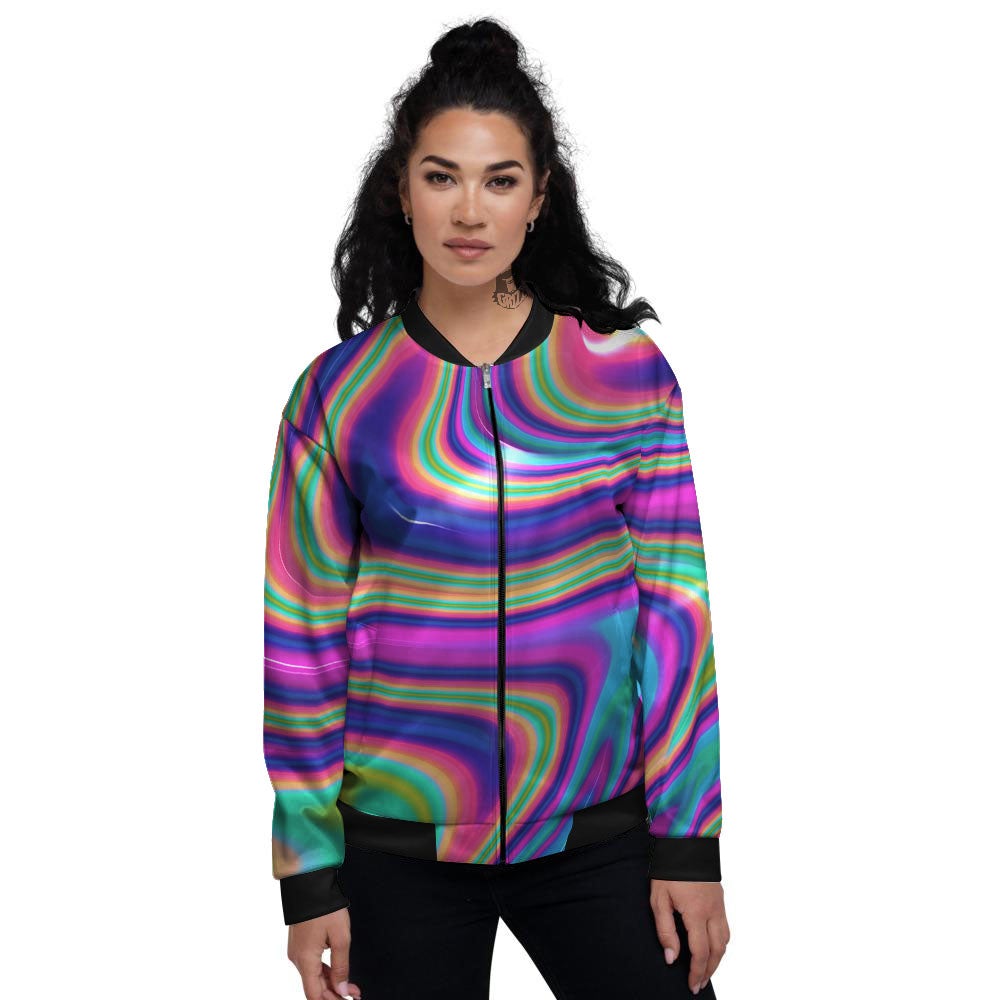 Waves Holographic Print Women's Bomber Jacket-grizzshop