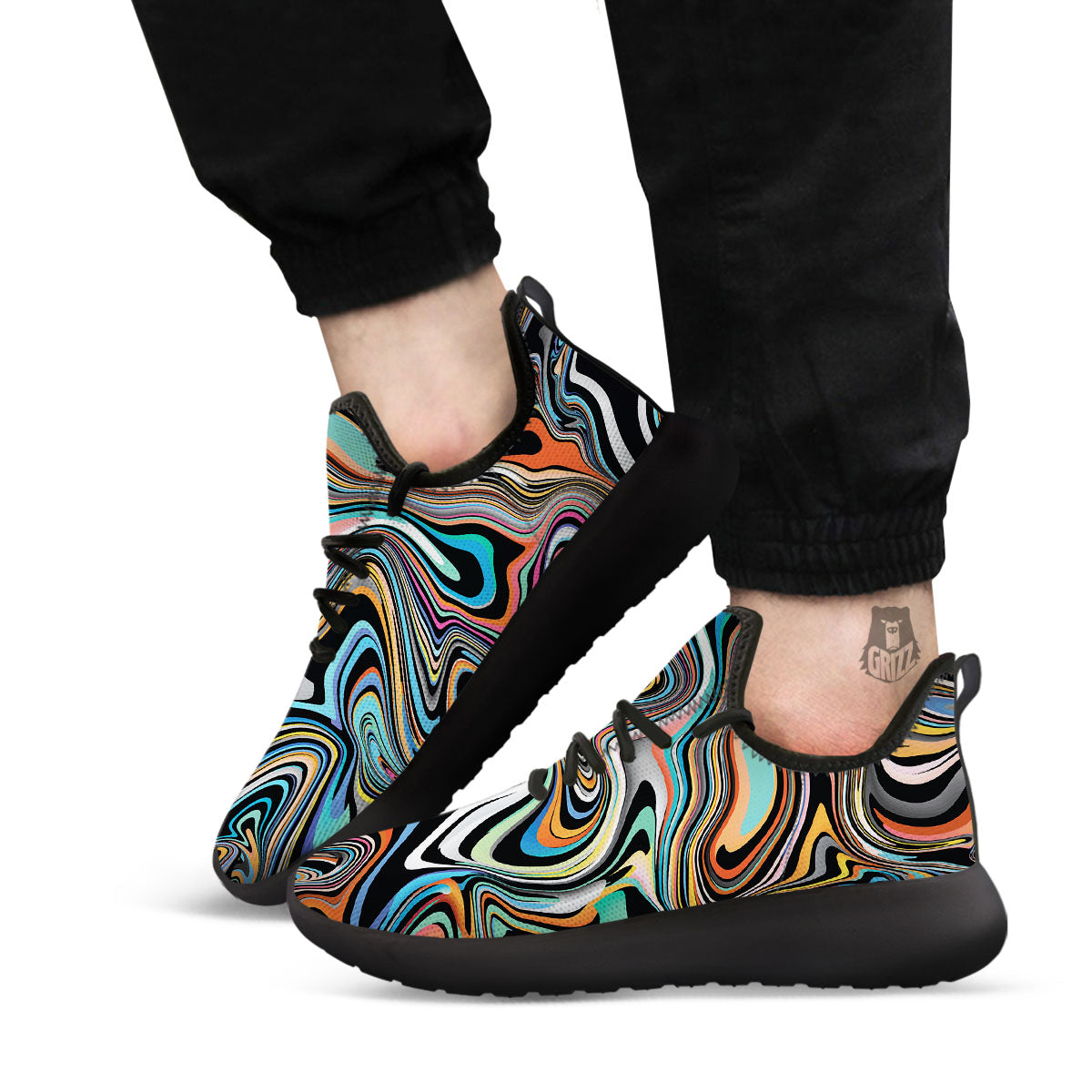 Wavy Psychedelic Print Pattern Black Athletic Shoes-grizzshop