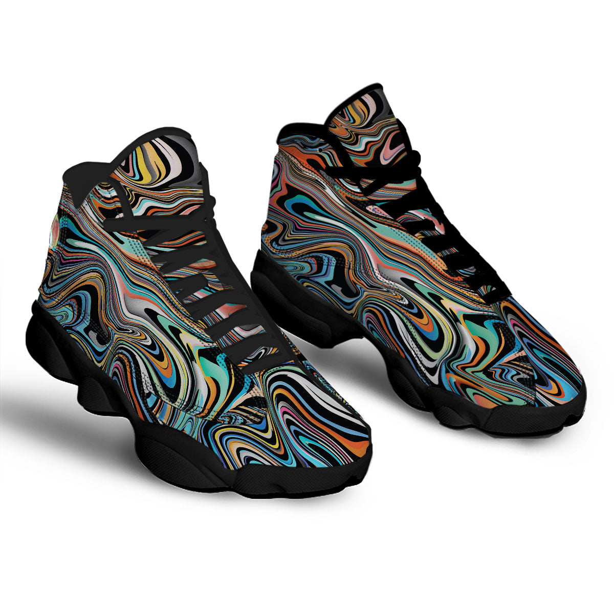 Wavy Psychedelic Print Pattern Black Basketball Shoes-grizzshop