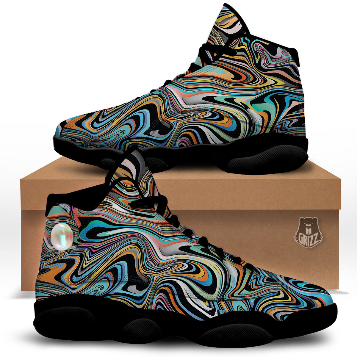 Wavy Psychedelic Print Pattern Black Basketball Shoes-grizzshop