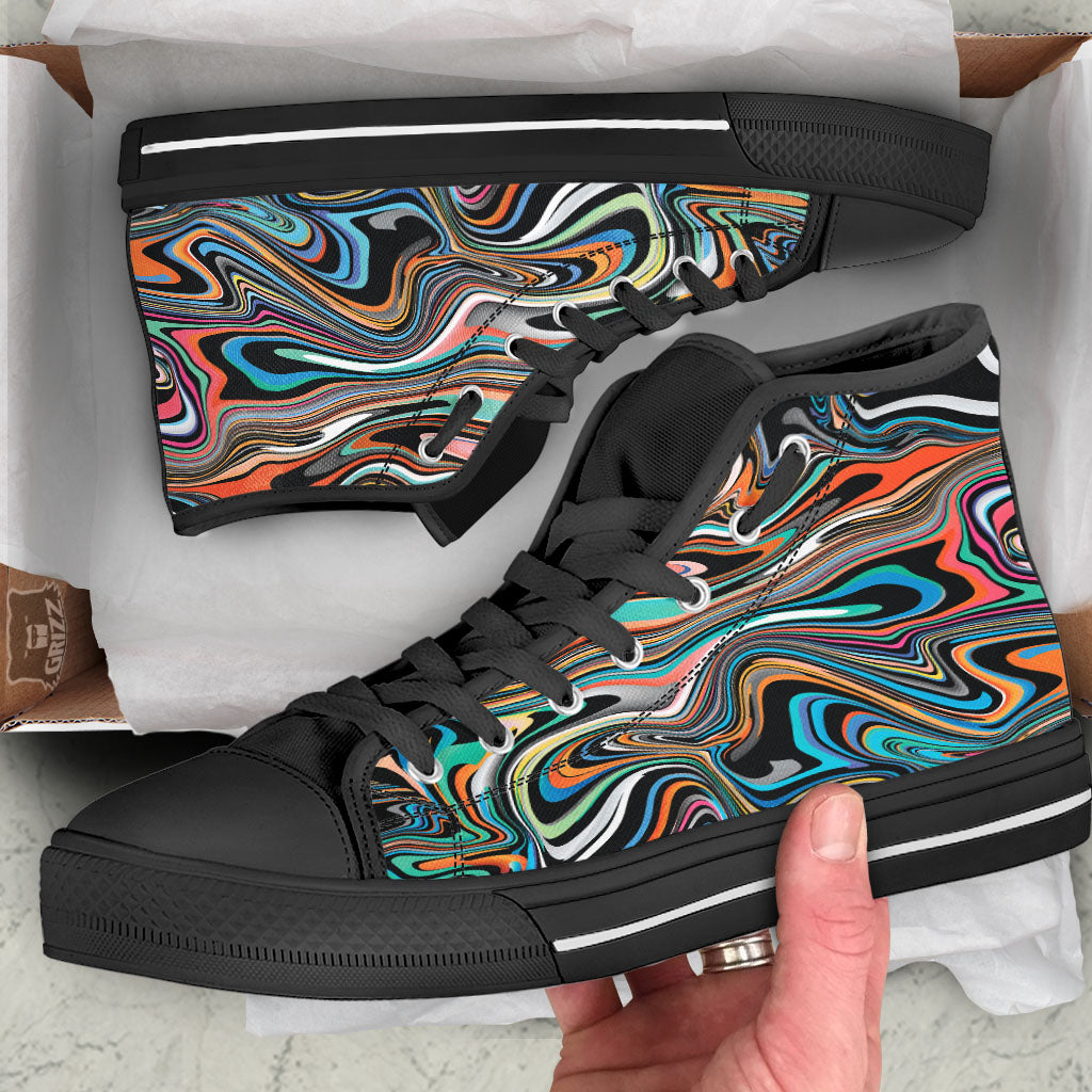 Wavy Psychedelic Print Pattern Black High Top Shoes-grizzshop