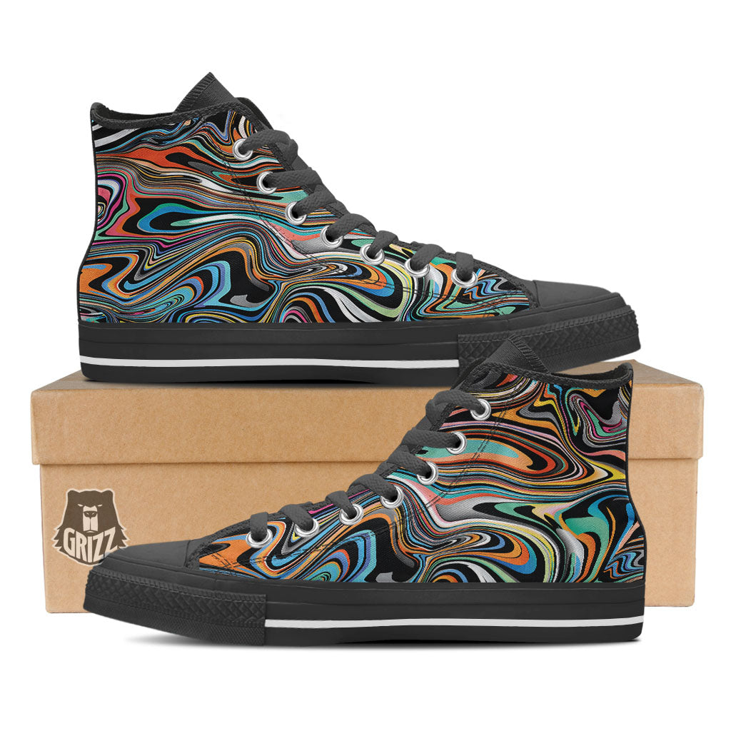 Wavy Psychedelic Print Pattern Black High Top Shoes-grizzshop
