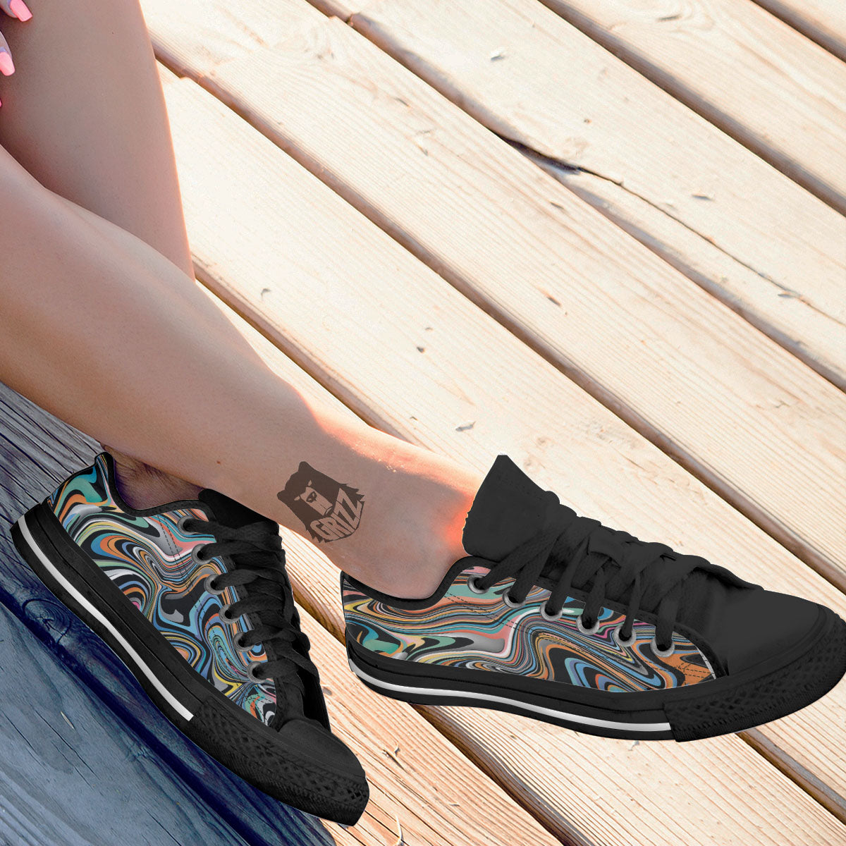 Wavy Psychedelic Print Pattern Black Low Top Shoes-grizzshop