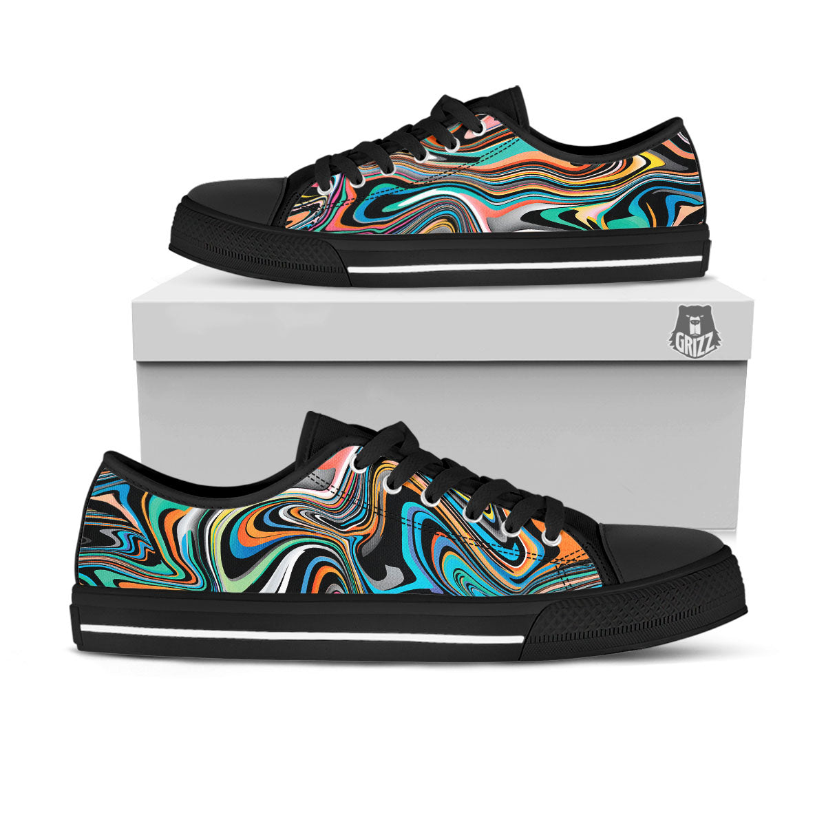 Wavy Psychedelic Print Pattern Black Low Top Shoes-grizzshop