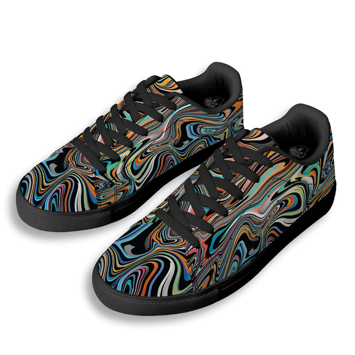 Wavy Psychedelic Print Pattern Black Low Top Sneakers-grizzshop