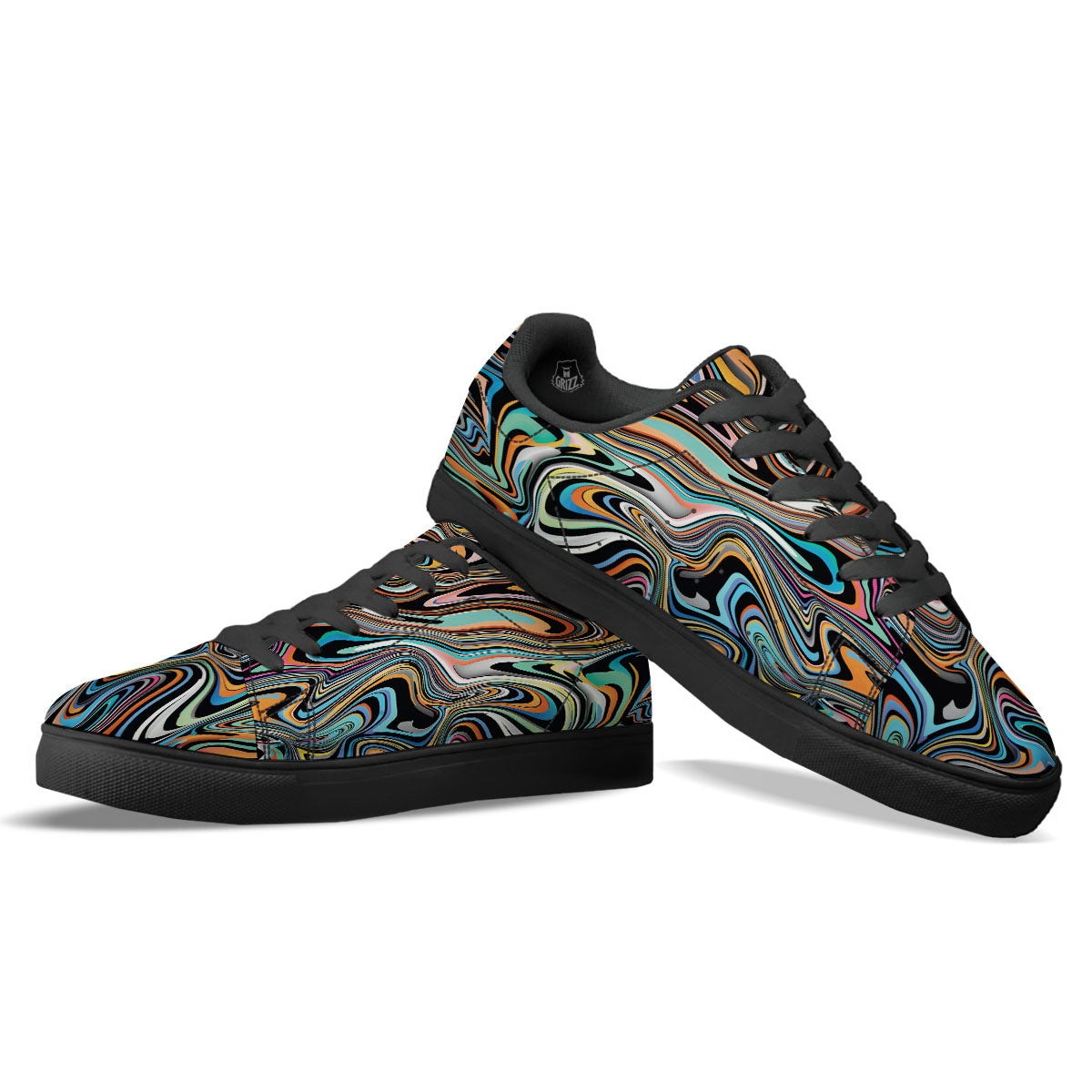 Wavy Psychedelic Print Pattern Black Low Top Sneakers-grizzshop