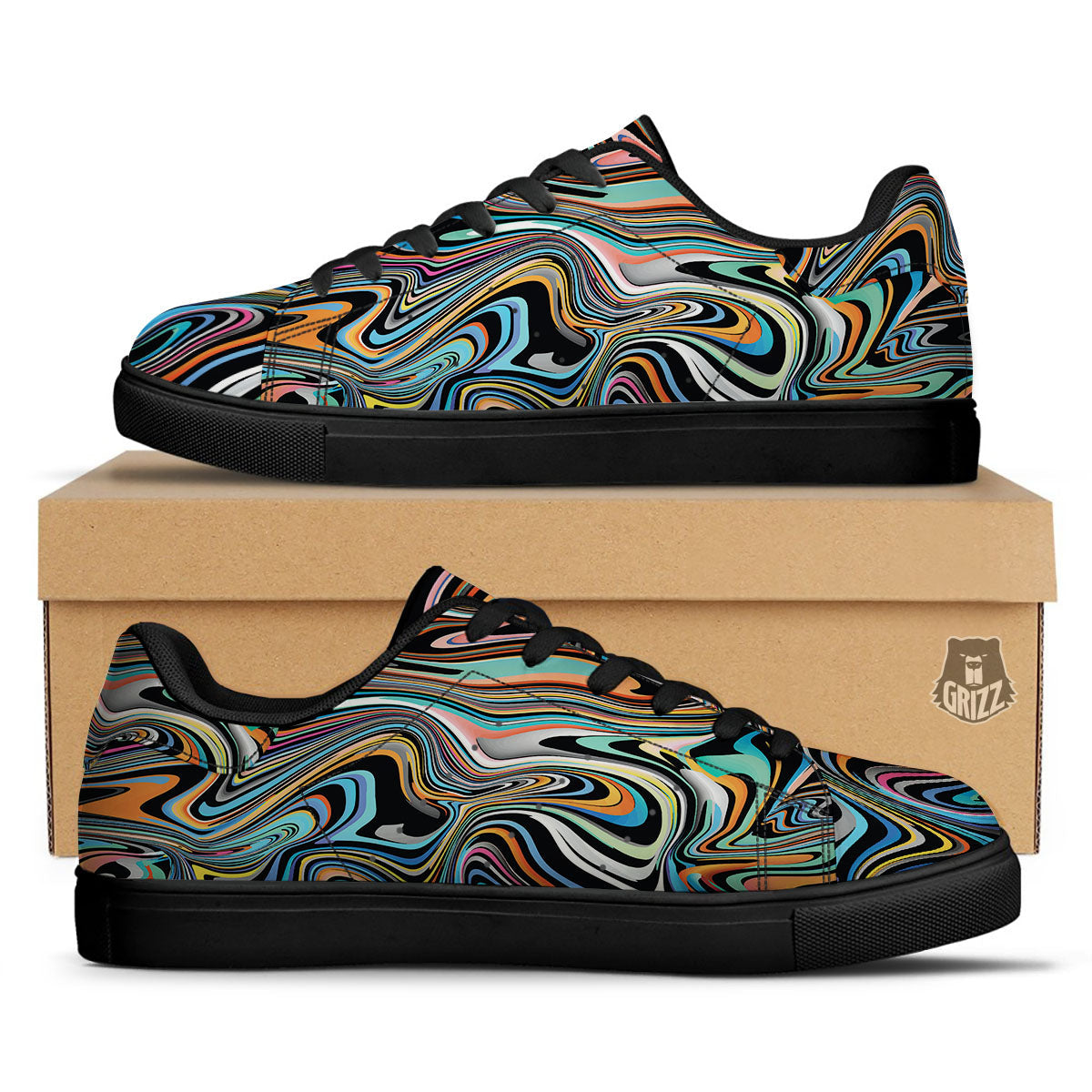 Wavy Psychedelic Print Pattern Black Low Top Sneakers-grizzshop
