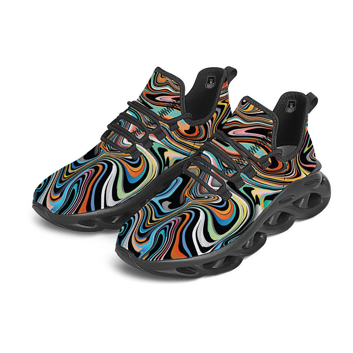 Wavy Psychedelic Print Pattern Black Running Shoes-grizzshop
