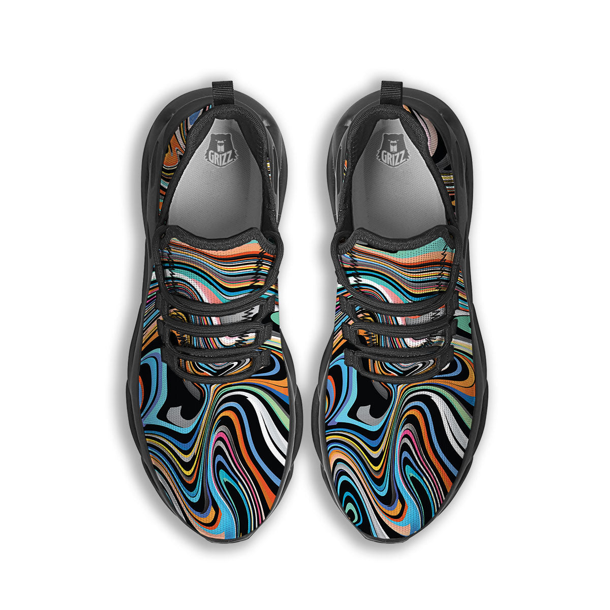 Wavy Psychedelic Print Pattern Black Running Shoes-grizzshop
