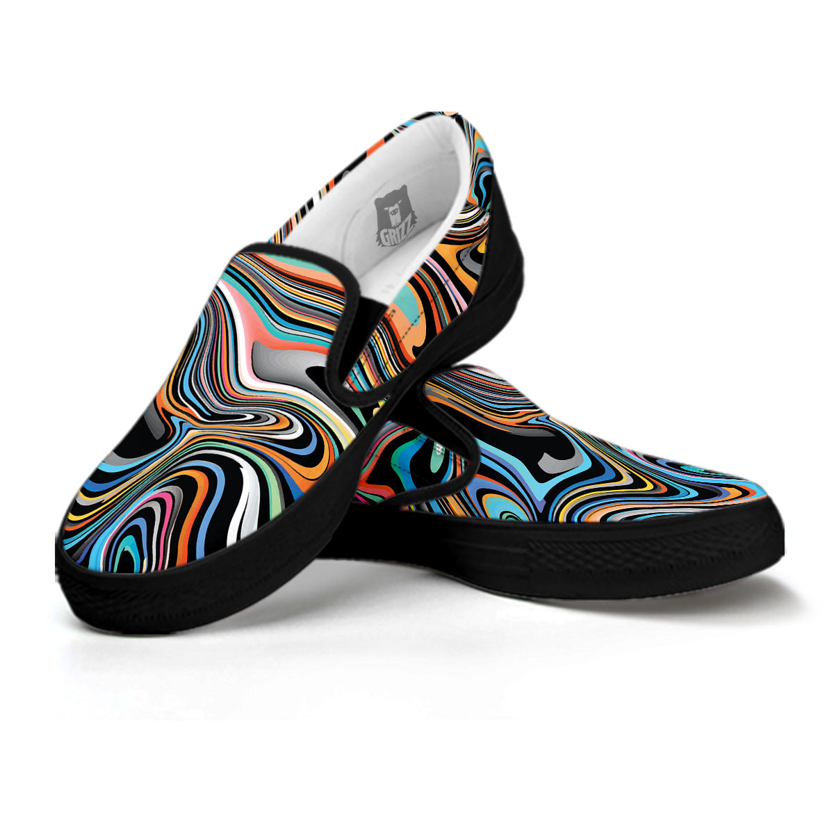 Wavy Psychedelic Print Pattern Black Slip On Shoes-grizzshop
