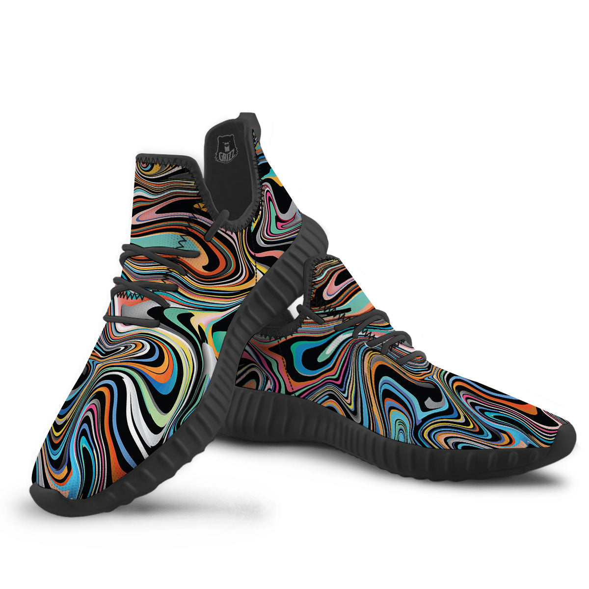 Wavy Psychedelic Print Pattern Black Walking Shoes-grizzshop
