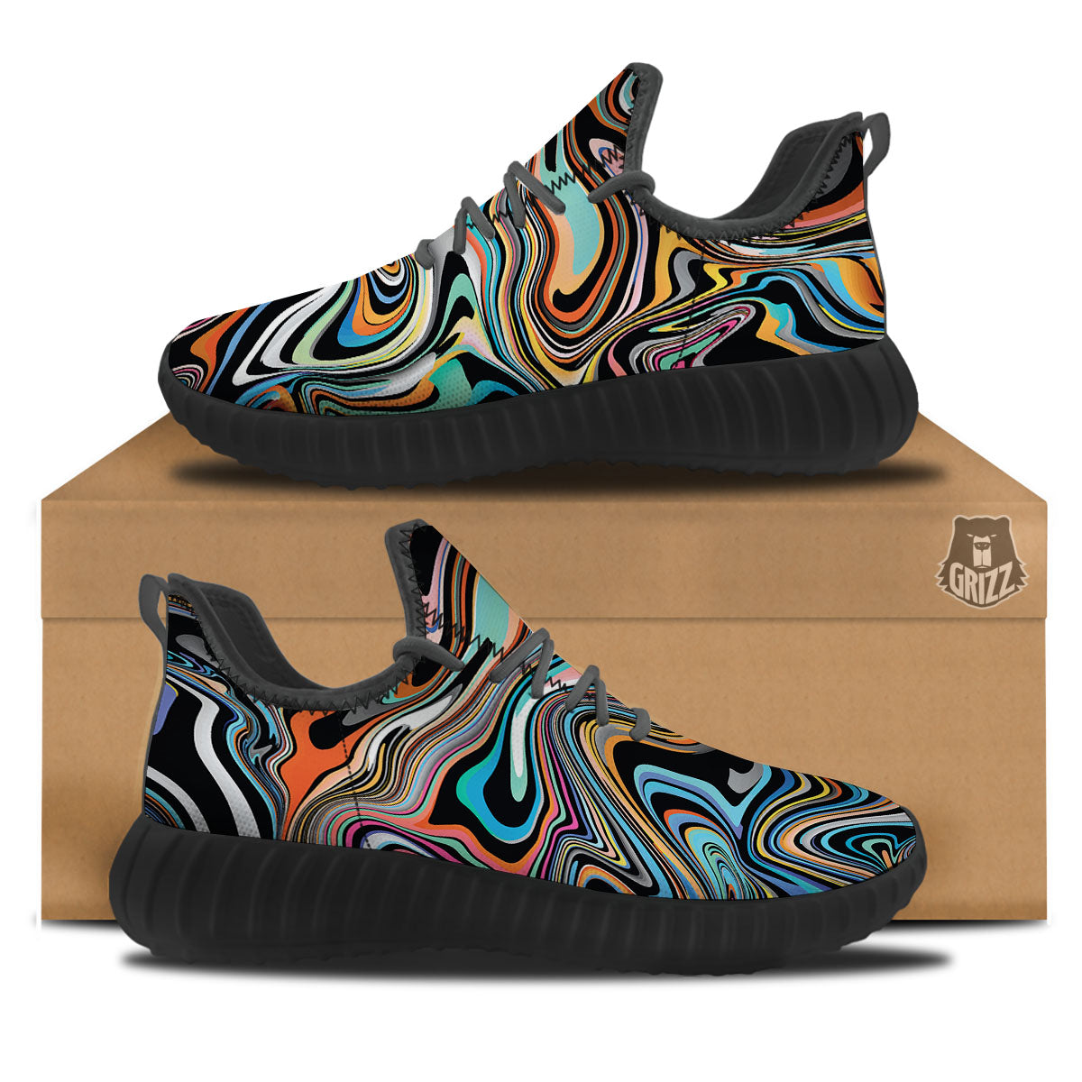 Wavy Psychedelic Print Pattern Black Walking Shoes-grizzshop