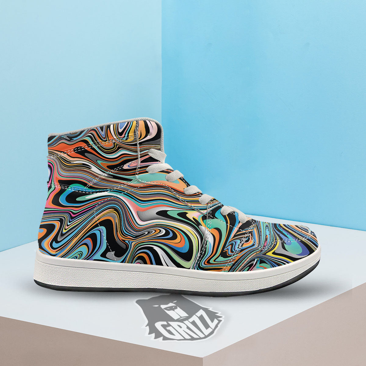 Wavy Psychedelic Print Pattern High Top Sneakers-grizzshop