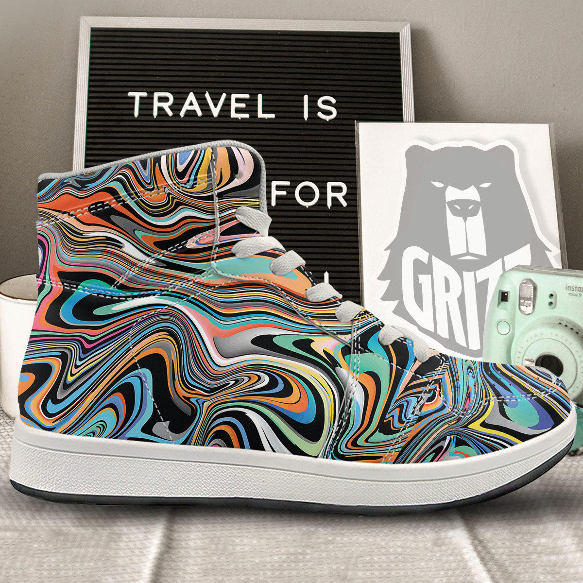 Wavy Psychedelic Print Pattern High Top Sneakers-grizzshop